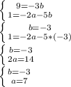 \left \{ {{9=-3b} \atop {1=-2a-5b}} \right. \\ \left \{ {{b=-3} \atop {1=-2a-5*(-3)}} \right.\\\left \{ {{b=-3} \atop {2a=14}} \right. \\ \left \{ {{b=-3} \atop {a=7}} \right.