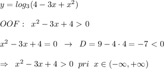 y=log_3(4-3x+x^2)\\\\OOF:\; \; x^2-3x+4\ \textgreater \ 0\\\\x^2-3x+4=0\; \; \to \; \; D=9-4\cdot 4=-7\ \textless \ 0\\\\\Rightarrow \; \; x^2-3x+4\ \textgreater \ 0\; \; pri\; \; x\in (-\infty ,+\infty )\\