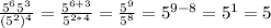 \frac{5^65^3}{(5^2)^4}= \frac{5^{6+3}}{5^{2*4}} = \frac{5^9}{5^8} =5^{9-8}=5^1=5