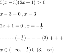 5(x-3)(2x+1)\ \textgreater \ 0\\\\x-3=0\; ,x=3\\\\2x+1=0\; ,x=-\frac{1}{2}\\\\+++(-\frac{1}{2})---(3)+++\\\\x\in (-\infty ,-\frac{1}{2})\cup (3,+\infty )