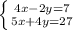 \left \{ {{4x-2y=7} \atop {5x+4y=27}} \right.