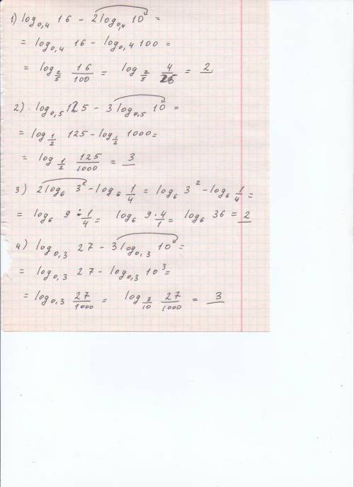 Слогарифмами, 1.log0,4(16)-2log0,4(10) 2.log0,5(125)-3log0,5(10) 3.2log6(3)-log6(1/4) 4.log0,3(27)-3