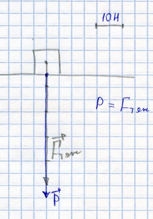 На столе лежит гиря массой 5кг. изобразите на чертиже в выбранном вами масштабе вес гири и силу тяже