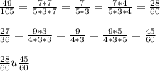 \frac{49}{105}= \frac{7*7}{5*3*7}= \frac{7}{5*3} = \frac{7*4}{5*3*4} = \frac{28}{60} \\ \\ \frac{27}{36}= \frac{9*3}{4*3*3} = \frac{9}{4*3} = \frac{9*5}{4*3*5} = \frac{45}{60} \\ \\ \frac{28}{60} u \frac{45}{60}