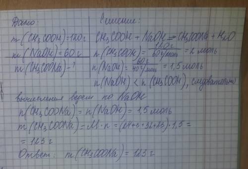 Вычислите массу соли , образовавшейся при взаимодействии уксусной кислоты массой 120г и гидроксида н