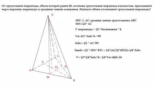 От треугольной пирамиды, объем которой равен 40, отсечена треугольная пирамида плоскостью, проходяще