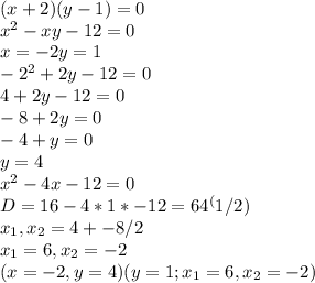 (x+2)(y-1)=0 \\ x^2-xy-12=0 \\ x=-2 y = 1 \\ -2^2+2y-12=0 \\&#10;4+2y-12=0 \\&#10;-8+2y=0 \\&#10;-4+y=0 \\&#10;y = 4 \\&#10;x^2-4x-12=0 \\&#10;D = 16-4*1*-12=64^(1/2) \\&#10;x_1,x_2 = 4+-8/2\\&#10;x_1 = 6, x_2 = -2 \\&#10;(x= -2, y = 4) ( y= 1; x_1 = 6, x_2 = -2)