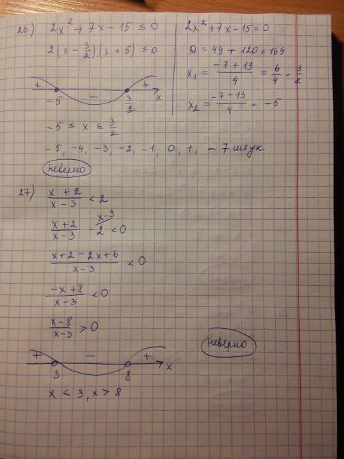 Верно ли утверждение? 26) ровно 8 целых чисел удовлетворяют неравенству 2 2x^2+7x-15< =0 27) множ