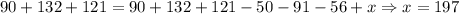 90+132+121=90+132+121-50-91-56+x \Rightarrow x=197