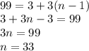 \\ 99=3+3(n-1) \\ 3+3n-3=99 \\ 3n=99 \\ n=33 \\