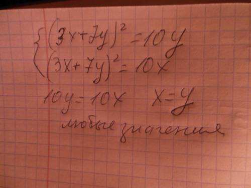 Решите систему {(3х+7у)^2=10у {(3х+7у)^2=10х