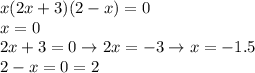 x(2x+3)(2-x)=0 \\ x=0 \\ 2x+3=0\to 2x=-3 \to x=-1.5 \\ 2-x=0\tox=2