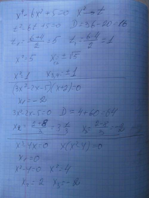 Решите уравнения , нужно, буду ! а) х^4-6х^2+5=0; б) (3х^2-2х-5)(х+2)=0; в) х^3-4х=0.