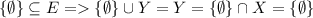 \{\emptyset\} \subseteq E = \{\emptyset\} \cup Y = Y = \{\emptyset\} \cap X = \{\emptyset\}