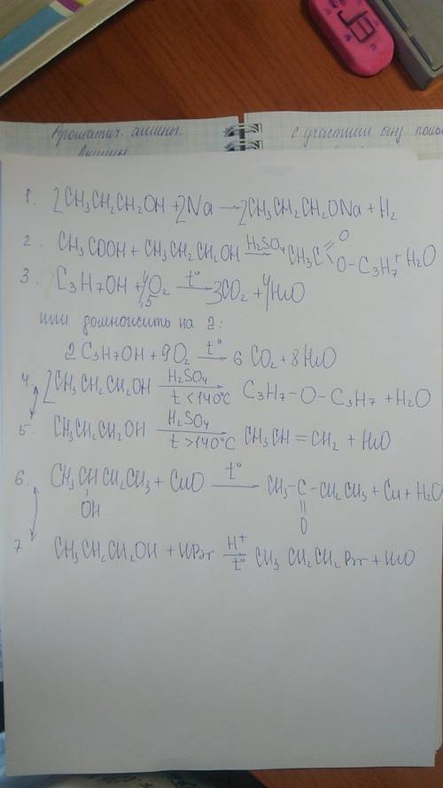 Написать уравнения реакций: 1. пропанол + na 2. уксусная кислота + пропанол 3. горение пропанола 4.