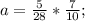 a= \frac{5}{28}* \frac{7}{10} ;