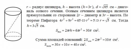 Найдите полную поверхность цилиндра, радиус которого в 3 раза меньше высоты, а диагональ осевого сеч