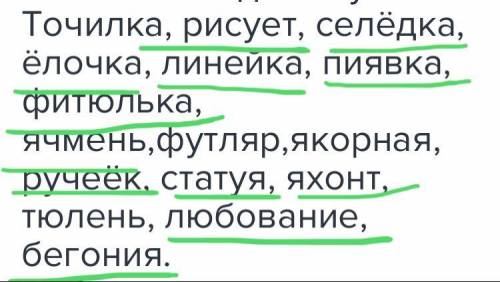 Сэтими . 1)подчеркните слова,в которых гласные обозначают два звука. точилка, рисует, селёдка, ёлочк