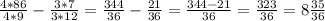 \frac{4*86}{4*9} - \frac{3*7}{3*12} = \frac{344}{36} - \frac{21}{36} = \frac{344-21}{36} = \frac{323}{36} =8 \frac{35}{36}