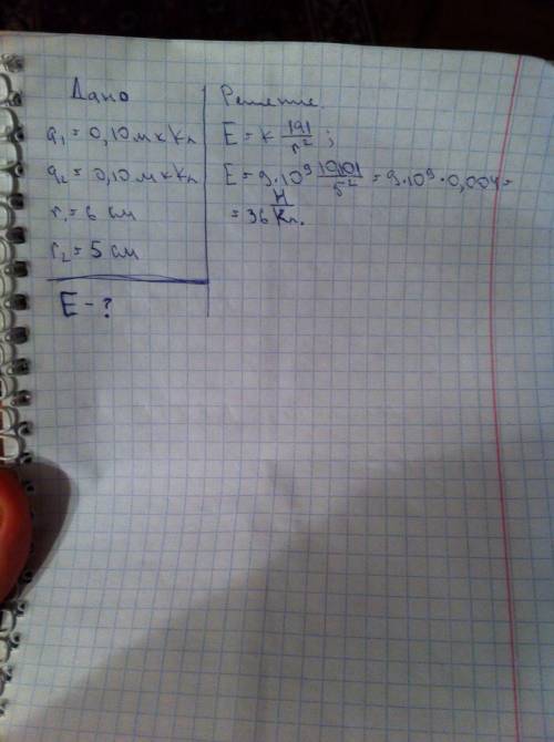 Заряды q1 = q2 = 0, 10 мккл расположены на расстоянии r = 6,0 см друг от друга. найдите напояженност