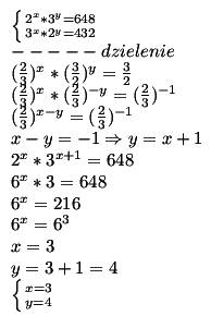 Решите показательную систему уравнений (с подробным решением) 2^x*3^y=648 3^x*2^y=432 заранее !