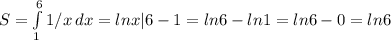 S= \int\limits^6_1 {1/x} \, dx =lnx|6-1=ln6-ln1=ln6-0=ln6