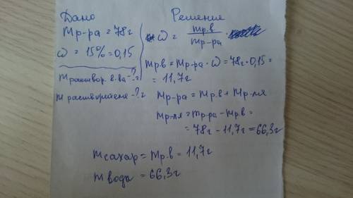 Решить 1)определите массу сахара и воды в 78грамм раствора с массовой долей вещества 15% 2)высчитайт