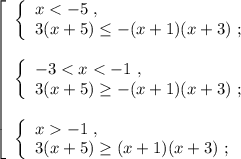 \left[\begin{array}{l} \left\{\begin{array}{l} x < -5 \ , \\ 3 ( x + 5 ) \leq -(x+1)(x+3) \ ; \end{array}\right \\\\ \left\{\begin{array}{l} -3 < x < -1 \ , \\ 3 ( x + 5 ) \geq -(x+1)(x+3) \ ; \end{array}\right \\\\ \left\{\begin{array}{l} x -1 \ , \\ 3 (x+5) \geq (x+1)(x+3) \ ; \end{array}\right \end{array}\right