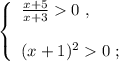 \left\{\begin{array}{l} \frac{x+5}{x+3} 0 \ , \\\\ (x+1)^2 0 \ ; \end{array}\right