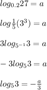 log_{0.2}27=a \\ \\ &#10;log{ \frac{1}{5} }(3^3)=a \\ \\ &#10;3log_{5^{-1}}3=a \\ \\ &#10;-3log_{5}3=a \\ \\ &#10;log_{5}3=- \frac{a}{3}