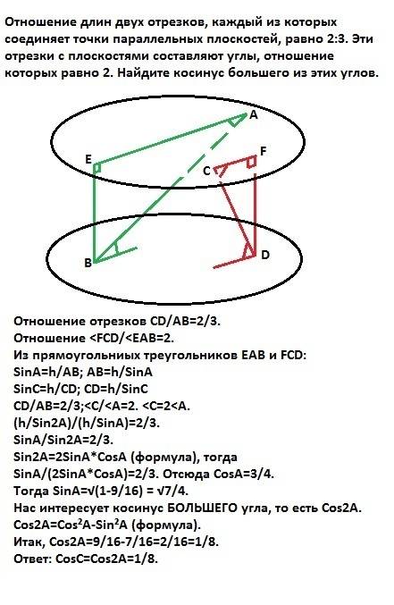 Отношение длин двух отрезков, каждый из которых соединяет точки параллельных плоскостей, равно 2: 3.