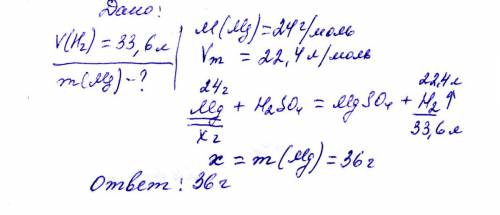 Вычислите массу магния, прореагировал с разведенной серной кислотой, если выделилось 33,6 водорода (
