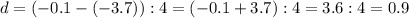 d=(-0.1-(-3.7)):4=(-0.1+3.7):4=3.6:4=0.9