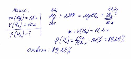 При взаимодействии 12г магния с избытком соляной кислоты выдел.10 л водорода.вычислите обьёмную долю