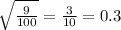 \sqrt{ \frac{9}{100} } = \frac{3}{10} =0.3