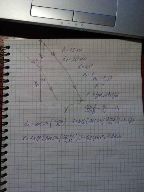 Высота палки над водой h=0,5м, под водой н=2м, найти длину тени n=1,33 угол 45 градусов