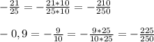 -\frac{21}{25}=-\frac{21*10}{25*10}=-\frac{210}{250}\\\\-0,9=-\frac{9}{10}=-\frac{9*25}{10*25}=-\frac{225}{250}