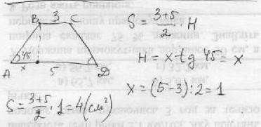 Вравнобедренной трапеции основания равны 3 и 5, а один из углов между боковой стороной и основанием