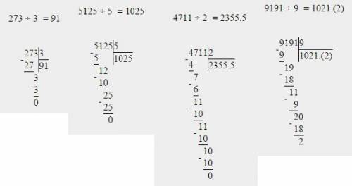 Вычисли 273 3 5125 5 4711 2 9191 9 столбиком знак а не в