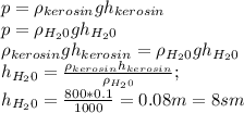 p=\rho_{kerosin}gh_{kerosin}\\p=\rho_{H_20}gh_{H_20}\\\rho_{kerosin}gh_{kerosin}=\rho_{H_2 0}gh_{H_2 0}\\h_{H_20}=\frac{\rho_{kerosin}h_{kerosin}}{\rho_{H_2 0}};\\h_{H_2 0}=\frac{800*0.1}{1000}=0.08 m=8 sm