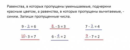 Равенства, в которых пропущены уменьшаемые, подчеркни красным цветом, а равенства, в которых пропуще