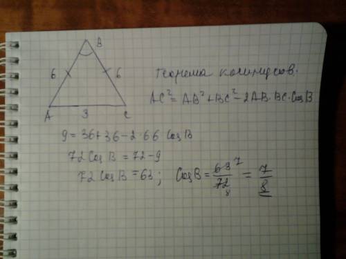 Основание равнобедренного треугольника равно 3, боковая сторона 6. найти косинус угла, противолежаще