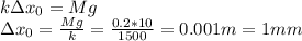 k\Delta x_0=Mg\\\Delta x_0=\frac{Mg}{k}=\frac{0.2*10}{1500}=0.001 m = 1 mm