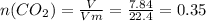 n(CO_{2} )= \frac{V}{Vm}= \frac{7.84}{22.4} =0.35