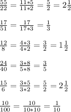 \frac{55}{22}= \frac{11*5}{11*2}=\frac{5}{2}=2\frac{1}{2} \\ \\ \frac{17}{51}=\frac{17}{17*3}=\frac{1}{3} \\ \\ \frac{12}{8}=\frac{4*3}{4*2}=\frac{3}{2}=1\frac{1}{2}\\ \\ \frac{24}{40}=\frac{3*8}{5*8}=\frac{3}{5}\\ \\ \frac{15}{6}=\frac{3*5}{3*2}=\frac{5}{2}= 2\frac{1}{2}\\ \\ \frac{10}{100}=\frac{10}{10*10}=\frac{1}{10}