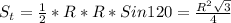 S_t= \frac{1}{2} *R*R*Sin120= \frac{R^2 \sqrt{3} }{4}