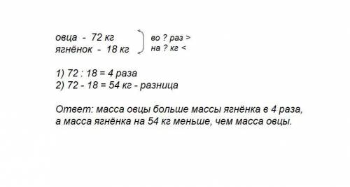 Масса овцы 72 кг,а масса ягнёнка 18кг.во сколько раз масса овцы больше массы ягнёнка? на сколько кг