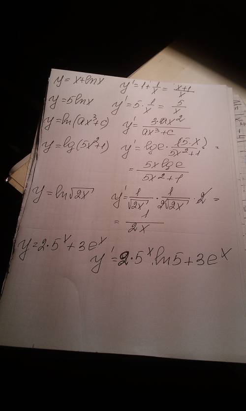 :найдите производную функции : 1) y=x+lnx 2)y=5lnx 3)y=ln (ax^3 +c) 4)y=lg (5x^2 +1) 5)y=ln корень и