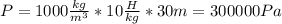 P=1000 \frac{kg}{m^3} *10 \frac{H}{kg}*30m=300000Pa