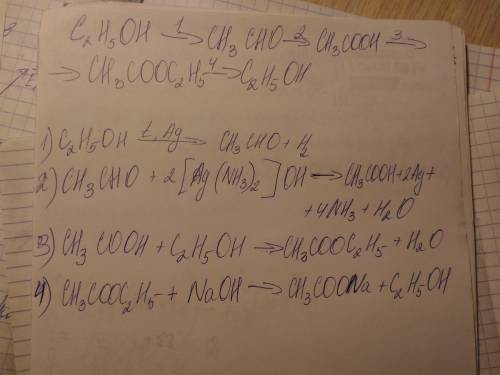 Напишите уравнения реакции согласно схеме превращений: c2h5oh--> ch3cho--> ch3cooh--> ch3co